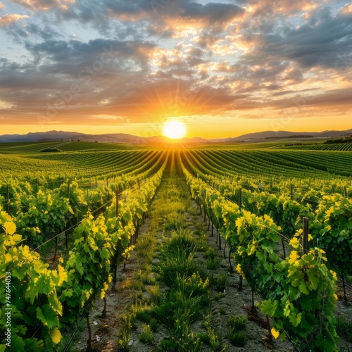 Green Vineyard Rows at Sunset in Summer