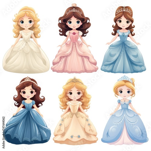 Set of beautiful princesses in luxurious dresses on a white background photo