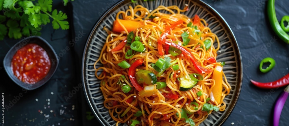 A plate of popular Indo Chinese recipe Schezwan Noodles presented from a top perspective, showcasing the delectable combination of noodles, vegetables, and flavorful sauce. A plate of popular Indo Chinese recipe Schezwan Noodles presented from a top perspective, showcasing the delectable combination of noodles, vegetables, and flavorful sauce.