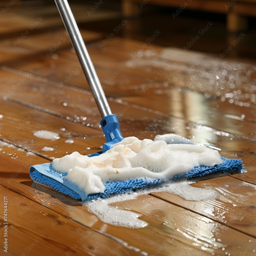 Floor Cleaning with Mop and Cleanser Foam on Parquet Floor - obrazy, fototapety, plakaty 