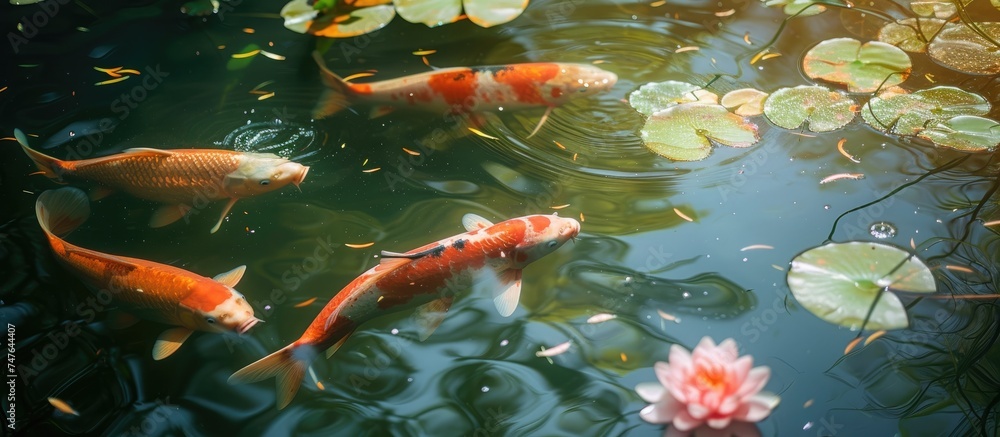 Elegant carps in soft focus swimming in a farm pond surrounded by lily pads. Elegant carps in soft focus swimming in a farm pond surrounded by lily pads.