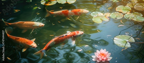 Elegant carps in soft focus swimming in a farm pond surrounded by lily pads.