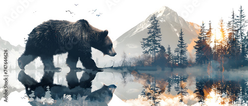 Double Exposure of Bear with Trees and Mountains