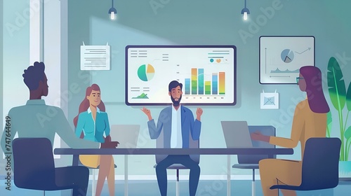Illustration of a motivated businessman leads business meeting with managers, talks, uses presentation TV with statistics, chart growth, big data, digital entrepreneurs work on e-commerce project