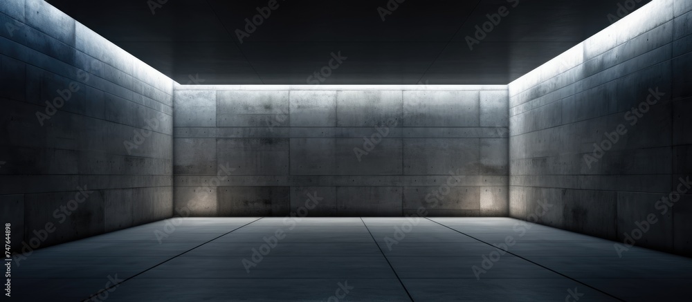 A dimly lit room with concrete walls and floor, creating an abstract architectural background. The room is empty and dark, illuminated by sparse light sources,