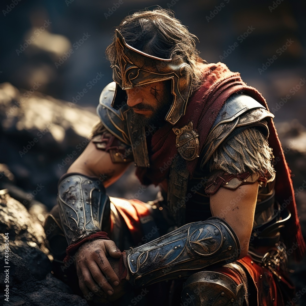 Fototapeta premium Spartan, a solitary warrior in minimalist armor, radiating discipline and strength. Embody essence of ancient Greek valor unyielding resilience. Austere training battlefield prowess, essence spirit.