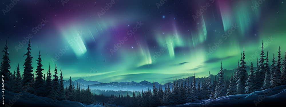 Sweeping Aurora Borealis over Tranquil Winter Night