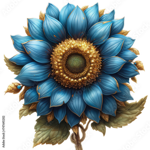 Na obrazie znajduje się niebieski kwiat z zielonymi liśćmi i złotymi akcentami które są starannie namalowane. Kwiat jest centralnym punktem obrazu a złoto podkreśla jego piękno i delikatność photo