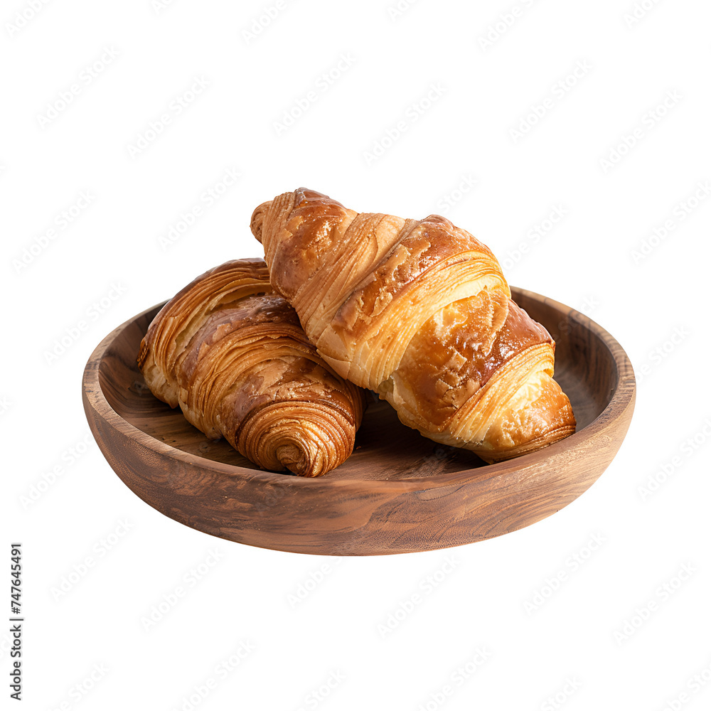 Wooden plate with a group of croissants: a close-up photo, Isolated on Transparent Background, PNG