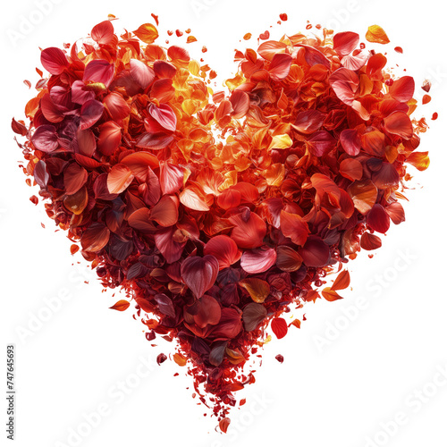 Serce wykonane z czerwonych płatków kwiatów. Kwiaty ułożone w kształt serca, tworząc wyraźny kontrast kolorystyczny