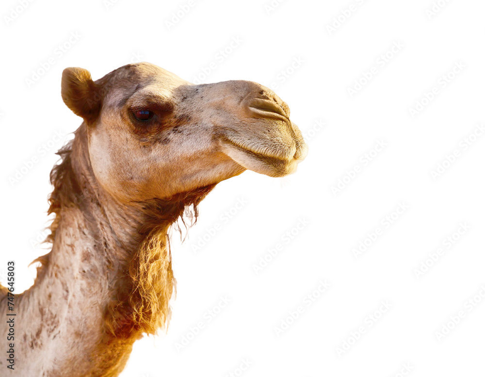 Obraz premium A camel head shot, white background.