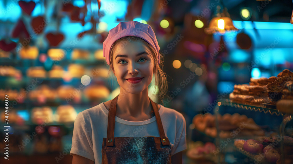 Obraz premium Beautiful baker girl standing in a bakery shop wearing pink toque hat and apron with a smiling face, blue eyes and red lipstick is smiling looking towards the camera with baked good and lights in back