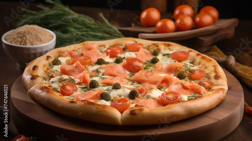 Gourmet pizza topped with smoked salmon, cherry tomatoes, and capers - Generative AI