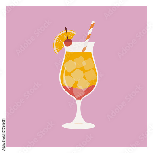 Sex On The Beach Cocktail garnished with orange and cherry. Classic alcoholic beverage with berries. Summer aperitif with straw. Smoothie fruit drink. Vector illustration isolated on background.