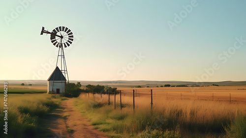 Windmill in the countryside with fields and clear sky in the background.
