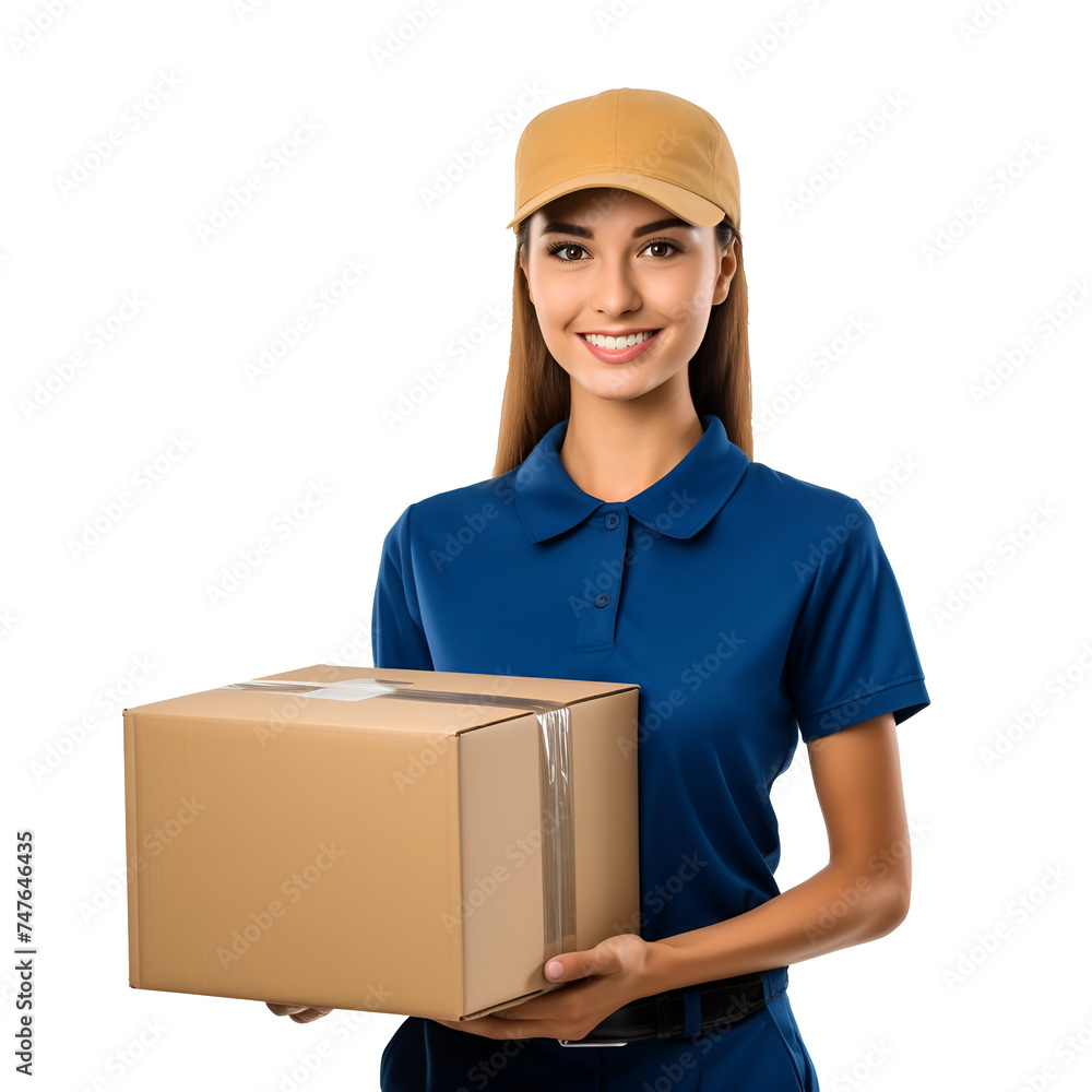 Young woman in uniform with cap, holding delivery package, ready for mockup, Isolated on Transparent Background, PNG Young woman in uniform with cap, holding delivery package, ready for mockup, Isolated on Transparent Background, PNG