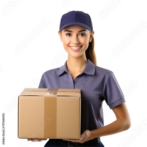 Ready for mockup: Young woman with cap and uniform holding a delivery package, Isolated on Transparent Background, PNG