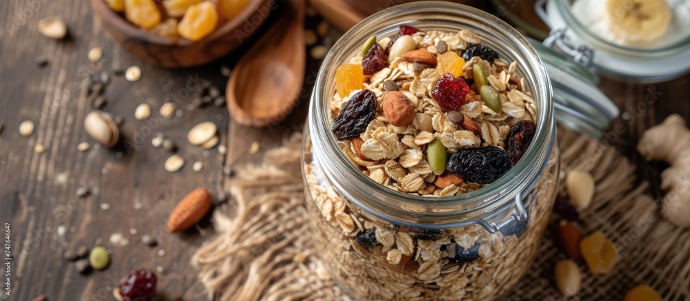 A healthy breakfast of homemade oatmeal muesli, nuts, seeds, and dried fruit is showcased in a glass jar placed on top of a rustic wooden table. A healthy breakfast of homemade oatmeal muesli, nuts, seeds, and dried fruit is showcased in a glass jar placed on top of a rustic wooden table.