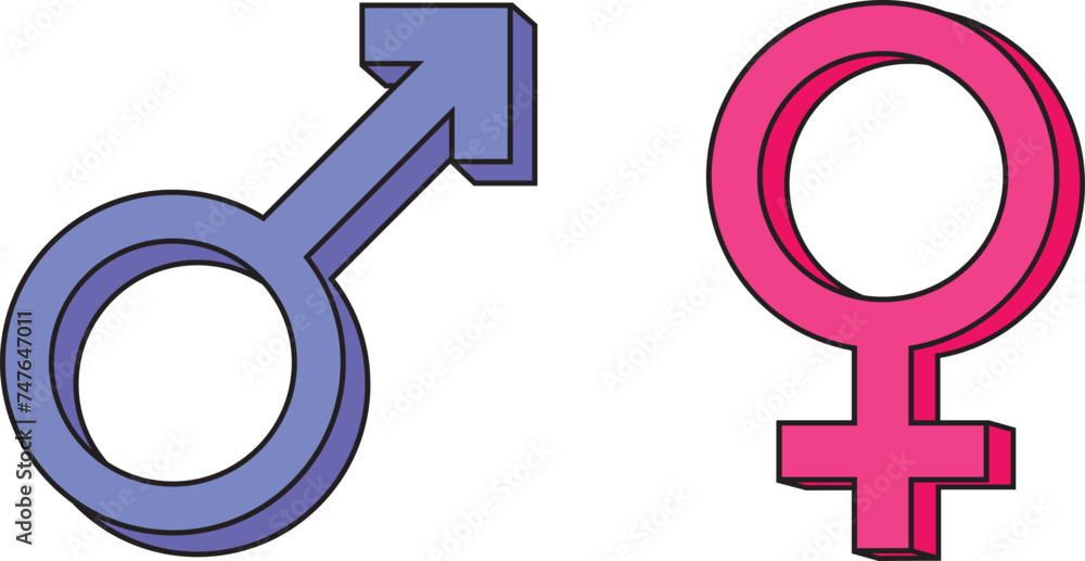 male and female symbols, 3d male and female symbols colored male is blue and female is pink with black outline male and female symbols, 3d male and female symbols colored male is blue and female is pink with black outline