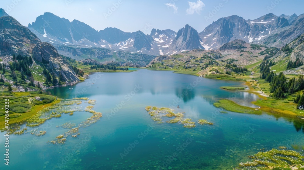 Chain of Mirror-Like Mountain Lakes, Wildflower-Dotted Shores, and a Hiker on a Trail