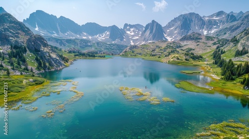 Chain of Mirror-Like Mountain Lakes, Wildflower-Dotted Shores, and a Hiker on a Trail