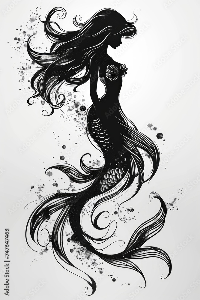 A black and white drawing of a mermaid