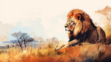 water color style of full body potrait of lion surrounded by dark savannah. Generative Ai