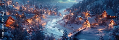 Aerial Dusk View: Remote Village with Snow Cover, Glowing Windows, Frozen River, and Northern Lights