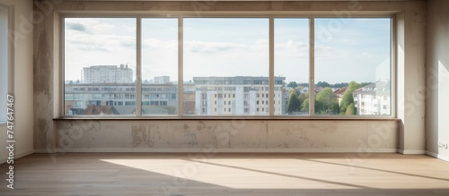 A spacious room with minimal furniture and a large window providing a view of a bustling cityscape outside. The room is unoccupied  with clean floors and walls 