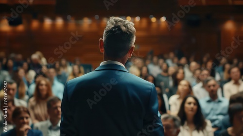 Business Conference Stage: Tech Startup CEO Presents New Product, Holding Laptop, Does Motivational Talk, and Lecture about Science, Technology, Entrepreneurship, Development, Leadership. Back View