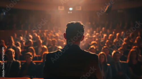 Business Conference Stage: Tech Startup CEO Presents New Product, Holding Laptop, Does Motivational Talk, and Lecture about Science, Technology, Entrepreneurship, Development, Leadership. Back View photo