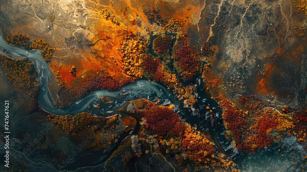 A bird's-eye view of a sprawling, ancient forest in the midst of autumn, with a tapestry of oranges, reds, and yellows, and a clear, winding stream reflecting the explosion of colors - obrazy, fototapety, plakaty 