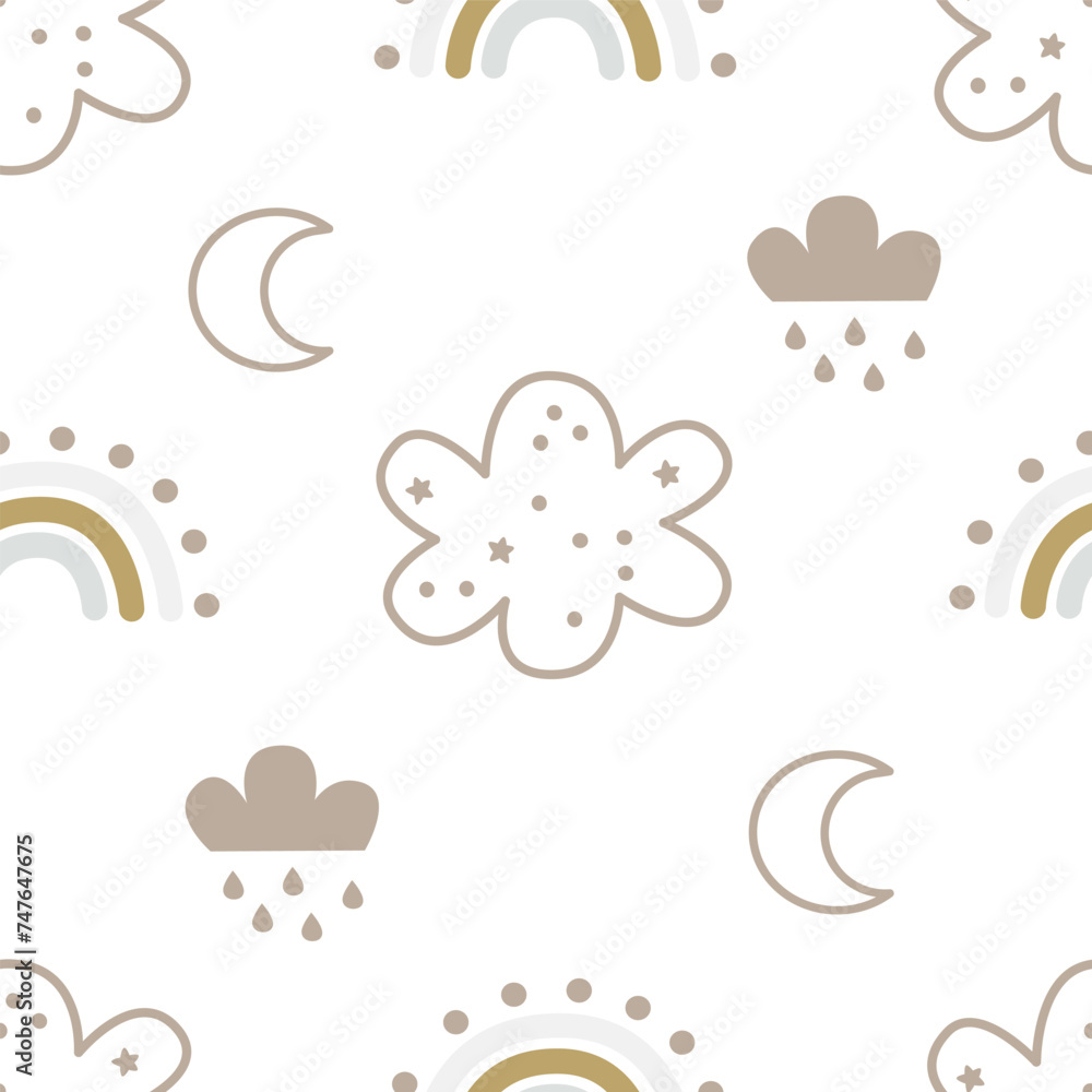 seamless pattern with cartoon cloud, rainbow, decor elements. Colorful vector flat style for kids. Space. hand drawing. baby design for fabric, print, wrapper, textile
