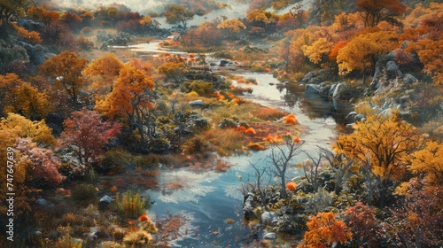 A bird's-eye view of a sprawling, ancient forest in the midst of autumn, with a tapestry of oranges, reds, and yellows, and a clear, winding stream reflecting the explosion of colors