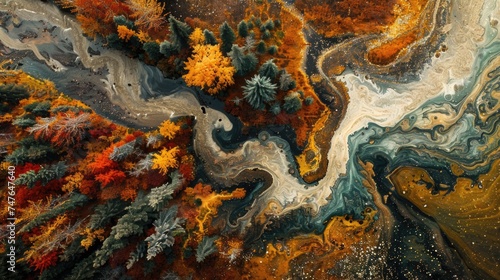 Sprawling Ancient Forest in Autumn with Colorful Tapestry and Winding Stream