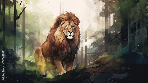 water color style of full body potrait of lion surrounded by dark forest. Generative Ai