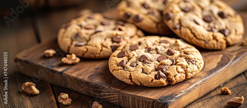 A close-up view of delicious chocolate chip cookies arranged on a wooden cutting board, enticing viewers with their mouthwatering appearance.