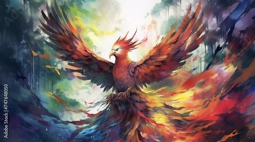 water color style of full body potrait of PHOENIX surrounded by dark forest. Generative Ai
