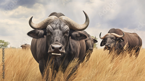 water color style of Group of african buffalo Syncerus caffer, on the savannah. Generative Ai