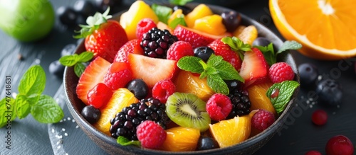 A bowl filled with a variety of fresh fruits  including oranges  topped with vibrant mint leaves. The combination creates a refreshing and nutritious salad option.