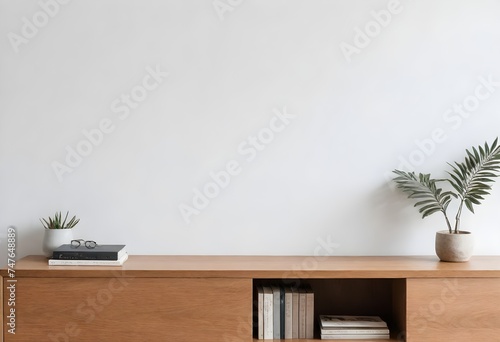 interior with drawer, decoration and books. Mockup wall, A modern wooden sideboard with books and decorative items against a white wall with a watermark text overlay