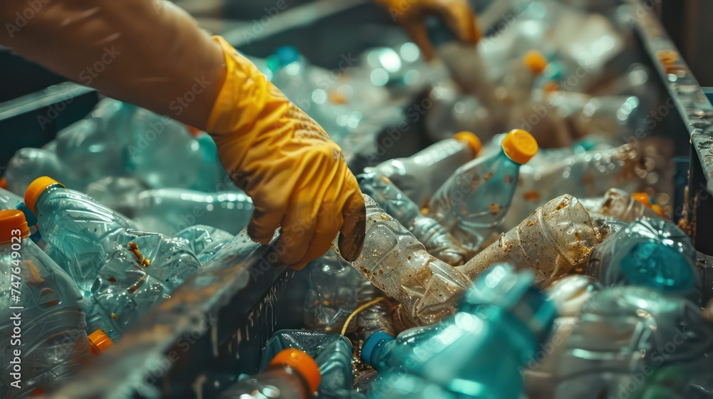 Worker sorting plastic garbage for recycling. Process plastic polymers sorting. Ecology. Concept Worker sorting plastic garbage for recycling. Process plastic polymers sorting. Ecology. Concept