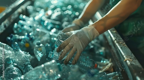 Worker sorting plastic garbage for recycling. Process plastic polymers sorting. Ecology. Concept