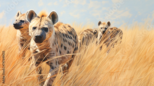 water color style of Group of hyena, on the savannah . Generative Ai © We3 Animal
