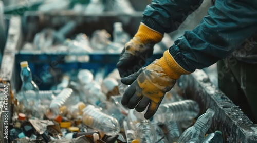 Worker sorting plastic garbage for recycling. Process plastic polymers sorting. Ecology. Concept