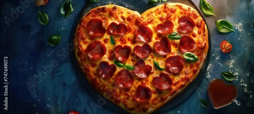 pizza in form of heart top view on wooden background with copy space.
