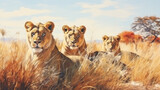 grass dry grass and rock water color style of Group of lions, on the savannah . Generative Ai