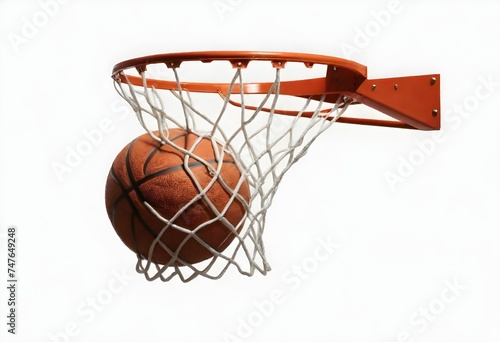 Basketball falling into the net on a hoop isolated on a white background, basketball going through a hoop with a white net against a white background
