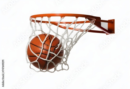 Basketball falling into the net on a hoop isolated on a white background,  basketball going through a hoop with a white net against a white background