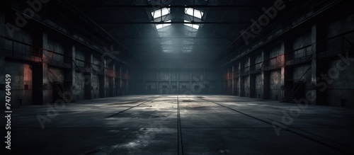A large, empty industrial warehouse is shrouded in darkness, with a single light shining at the far end, illuminating the space and creating a stark contrast between light and dark. photo